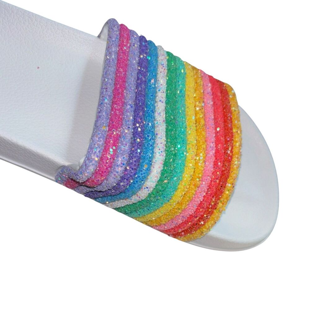 Muk Luks Rainbow Glitter Slide Sandals Pride Festival Shoes Size 7/8